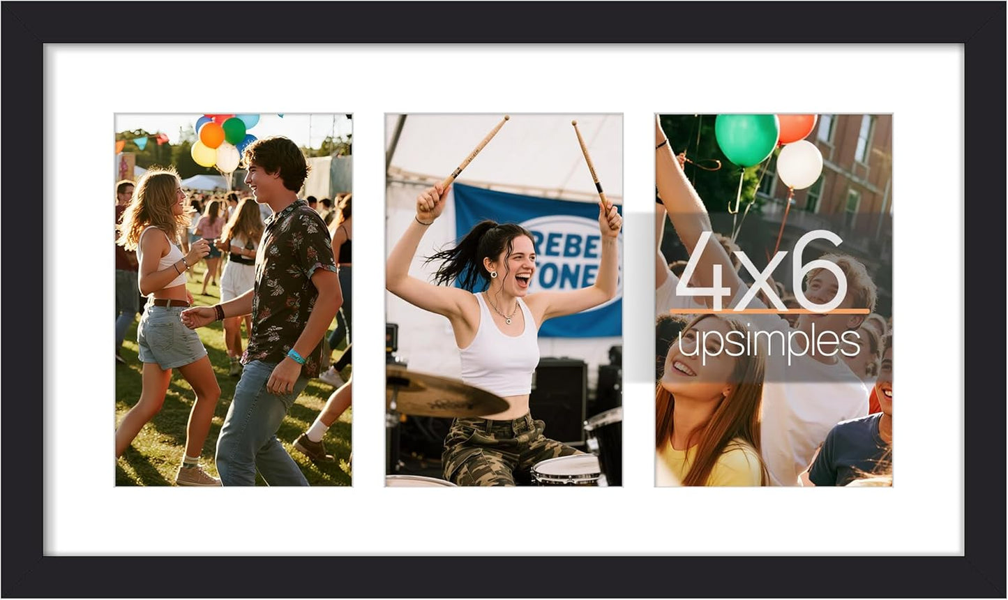 Upsimples 8x14 Collage Picture Frame - Display 3 Photos (4x6) with Mat or 8x14 Without Mat, Black