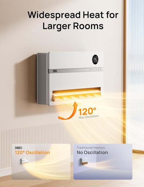 Dreo Smart Wall Heater - 1500W Electric Space Heater with 120° Oscillation & Remote Control | Indoor Use, Works with Alexa