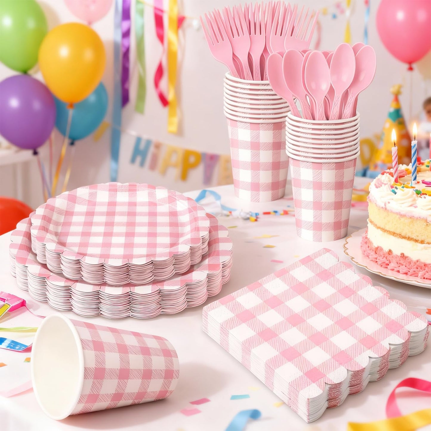 175 PCS Pink Gingham Party Supplies Includes Pink Gingham Paper Plates, Cups, Napkins, Cutlery for Baby & Bridal Shower, Wedding, Birthday Party, Outdoor Picnic, Serves 25