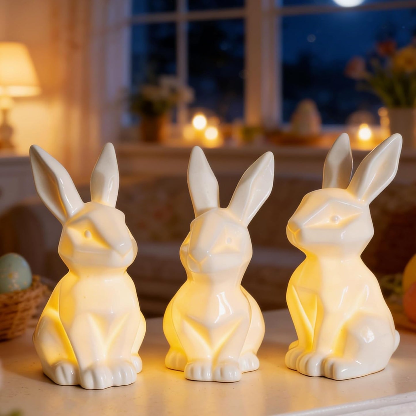 NEROSUN Easter Bunny Decorations - 3 Pack Ceramic White Rabbit Statues | Lighted Table Centerpiece for Spring Decor