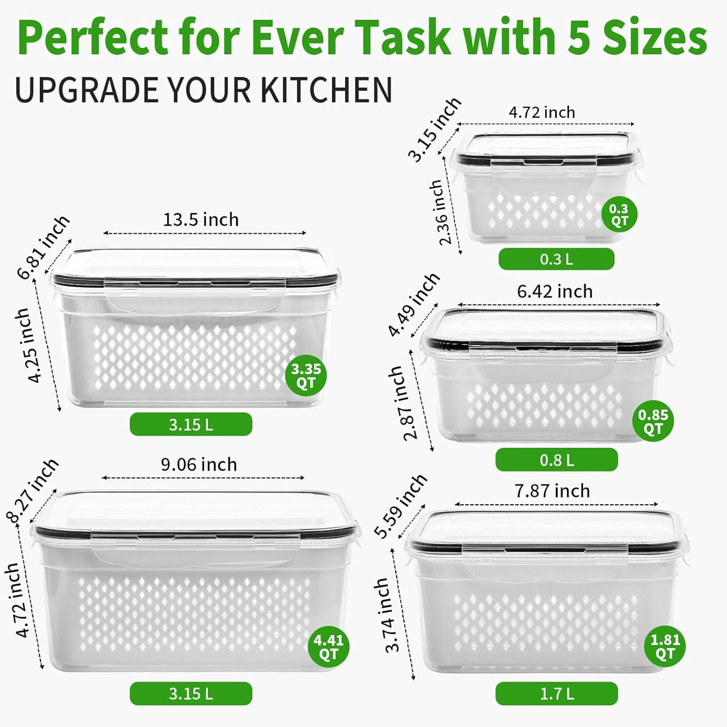 PRAKI 5-Pack Large Fruit Storage Containers - BPA-Free Fridge Organizers with Removable Colander
