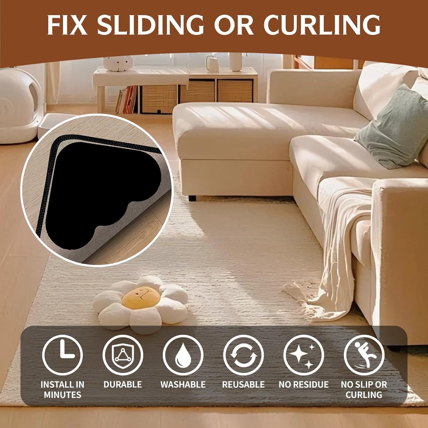 Skiennix Non-Slip Rug Grippers - Dual-Sided Adhesive Pads to Keep Corners Flat | 8 Reusable & Washable Pads for Hardwood Floors and Tiles