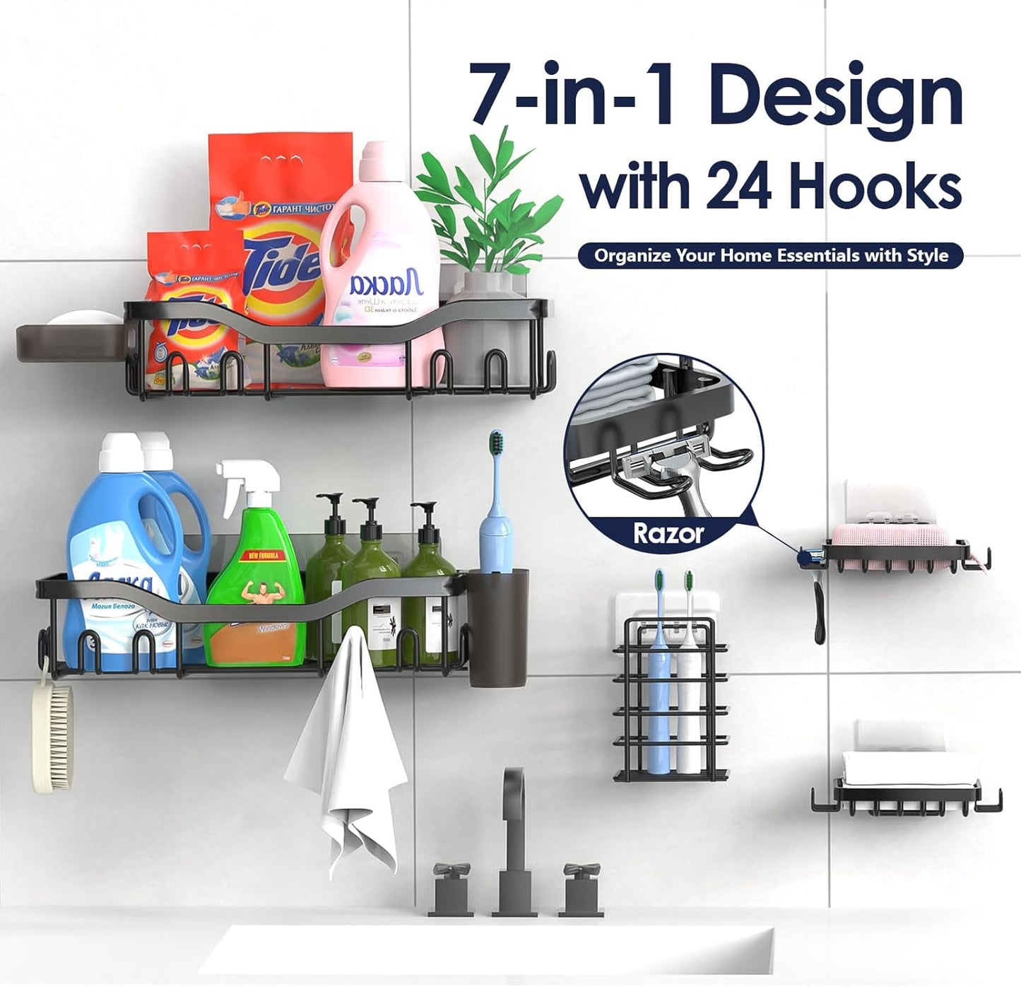 NESOMI Shower Caddy - Adhesive Organizer with Rustproof Stainless Steel | 7-Pack Large Capacity Storage Accessories