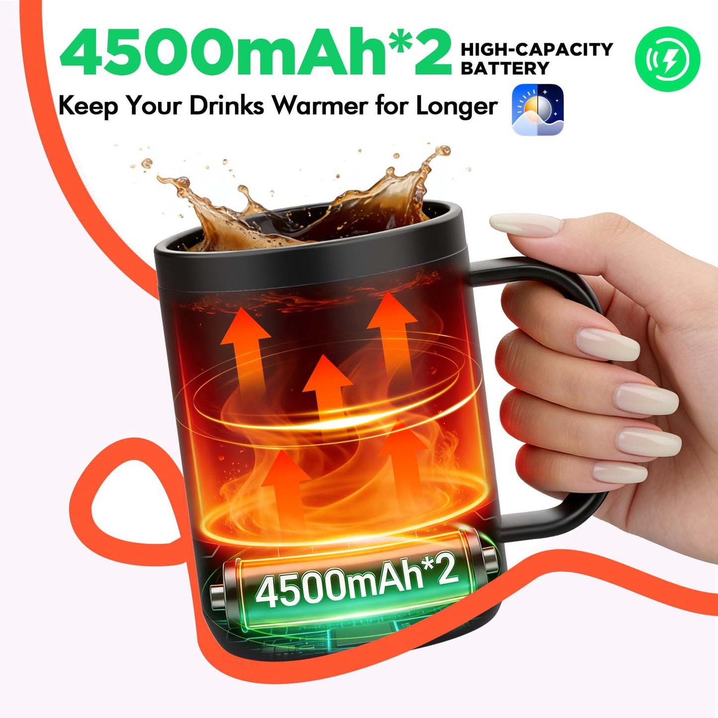 Coffee Mug Warmer with LED Pattern, Heated Coffee Mugs with 4500mAh*2 Ultra-Long Battery&±1°C Accuracy, Self Heating Mug Warmer Ideal for Coffee, Tea, Milk & Water, Coffee Warmer