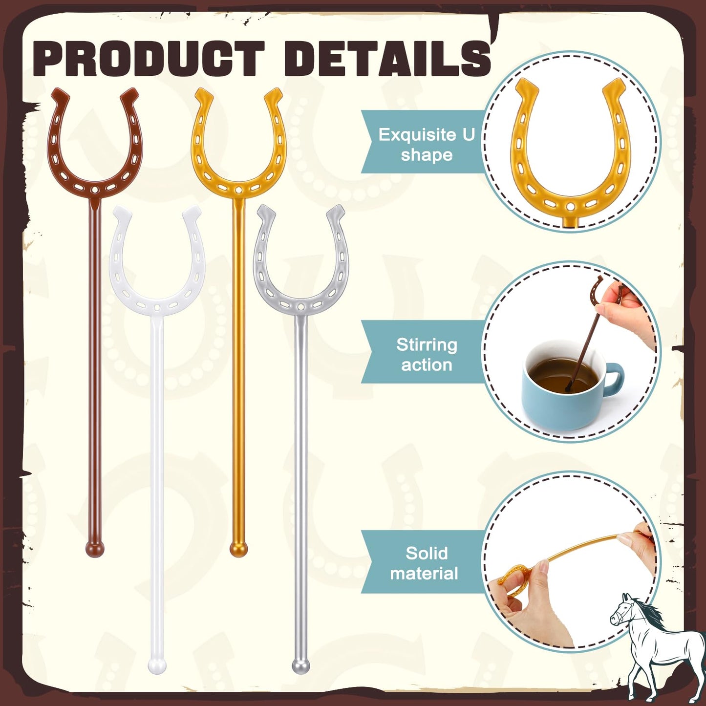 Teenyyou 80 Pcs Derby Drink Stirrers Bulk 5.9 Inch U Shaped Horseshoe Plastic Swizzle Sticks Horse Racing Coffee Cocktail Stirrers Reusable Horse Racing Beverage Stir Stick for Home Coffee Bar Kitchen