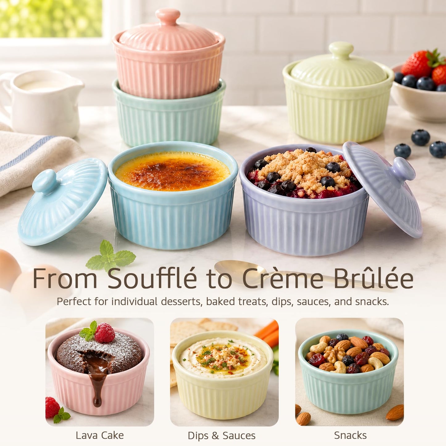 Meltset 5.5 Oz Ramekins with Lids Oven Safe Ceramics Ramekin Bowls for Baking, Porcelain Bake Dishes for Souffle, Creme Brulee, Lava Cake, Ice Cream Desserts, Snacks (Set of 5）