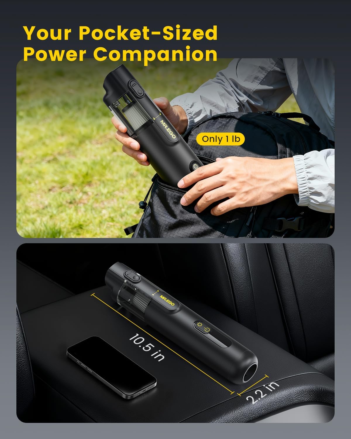 Mr.ego Handheld Car Vacuum - Portable 4-in-1 Mini Vacuum with 18500Pa Suction | Black with Green LED Light
