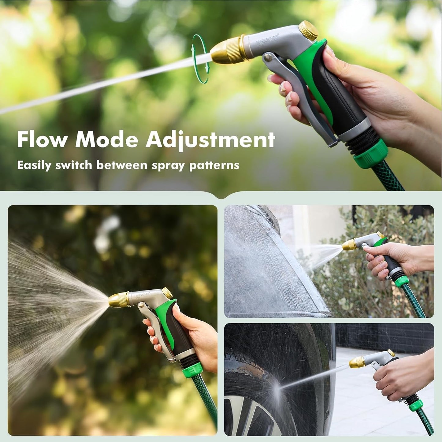 RESTMO Heavy Duty Metal Hose Nozzle - High Pressure Sprayer with Adjustable Patterns for Garden, Car, Pet | Green