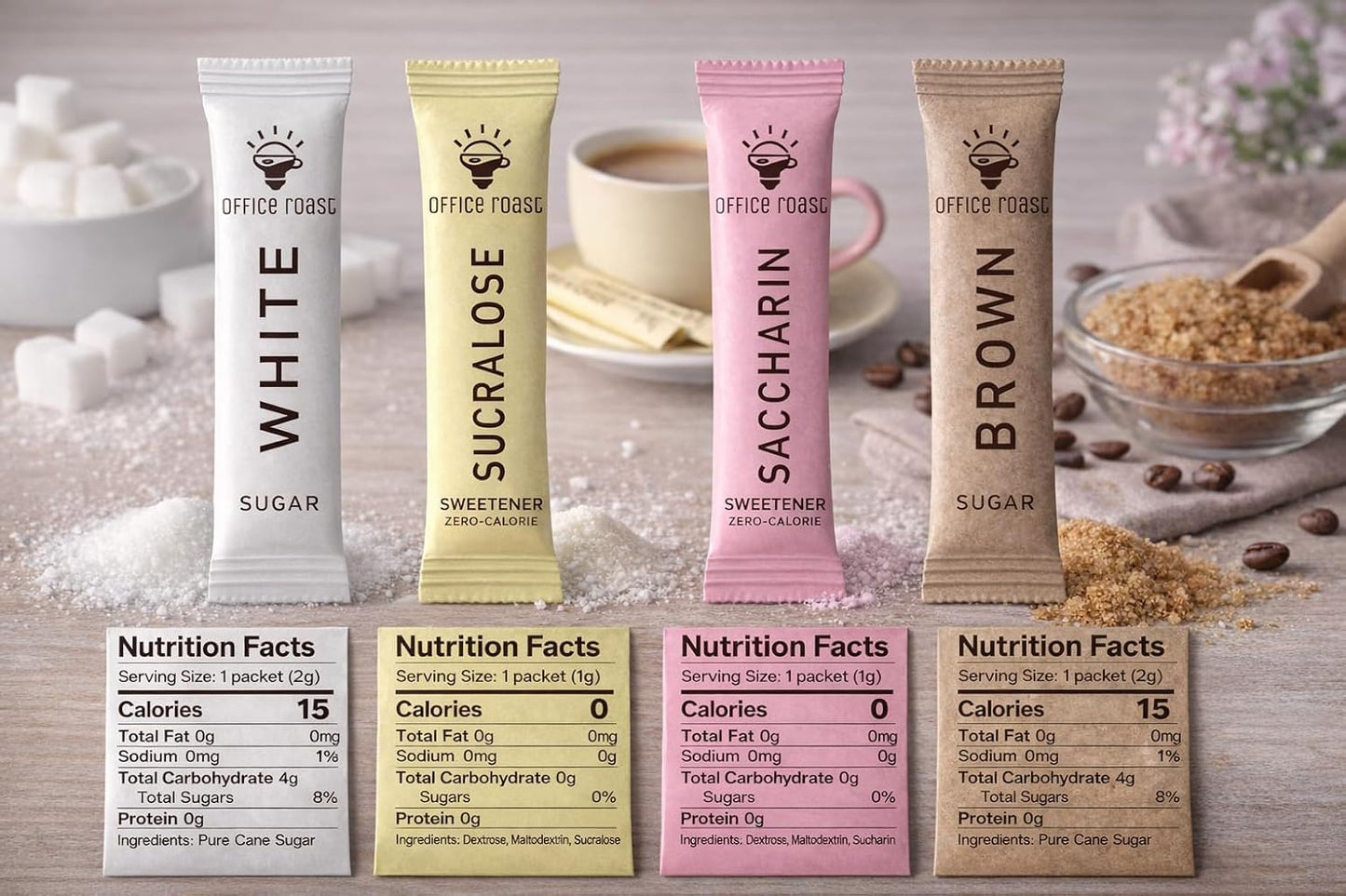 Office Roast Variety Pack - Assorted Sweeteners for Coffee, Tea & Beverages – Includes Saccharin, Sucralose,White Sugar & Raw Brown Sugar – Convenient, Individually Wrapped Packets (200 Count Total)