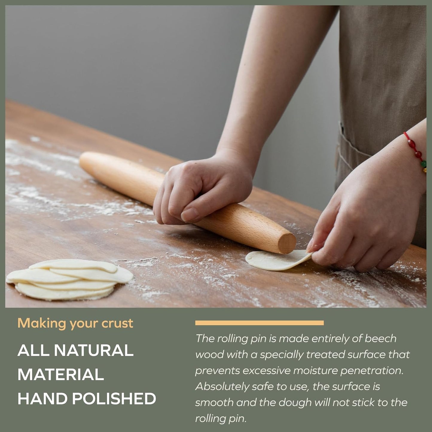 Muso Wood French Rolling Pin - Beech Wood Tapered Design for Baking | 15.75-Inch Size