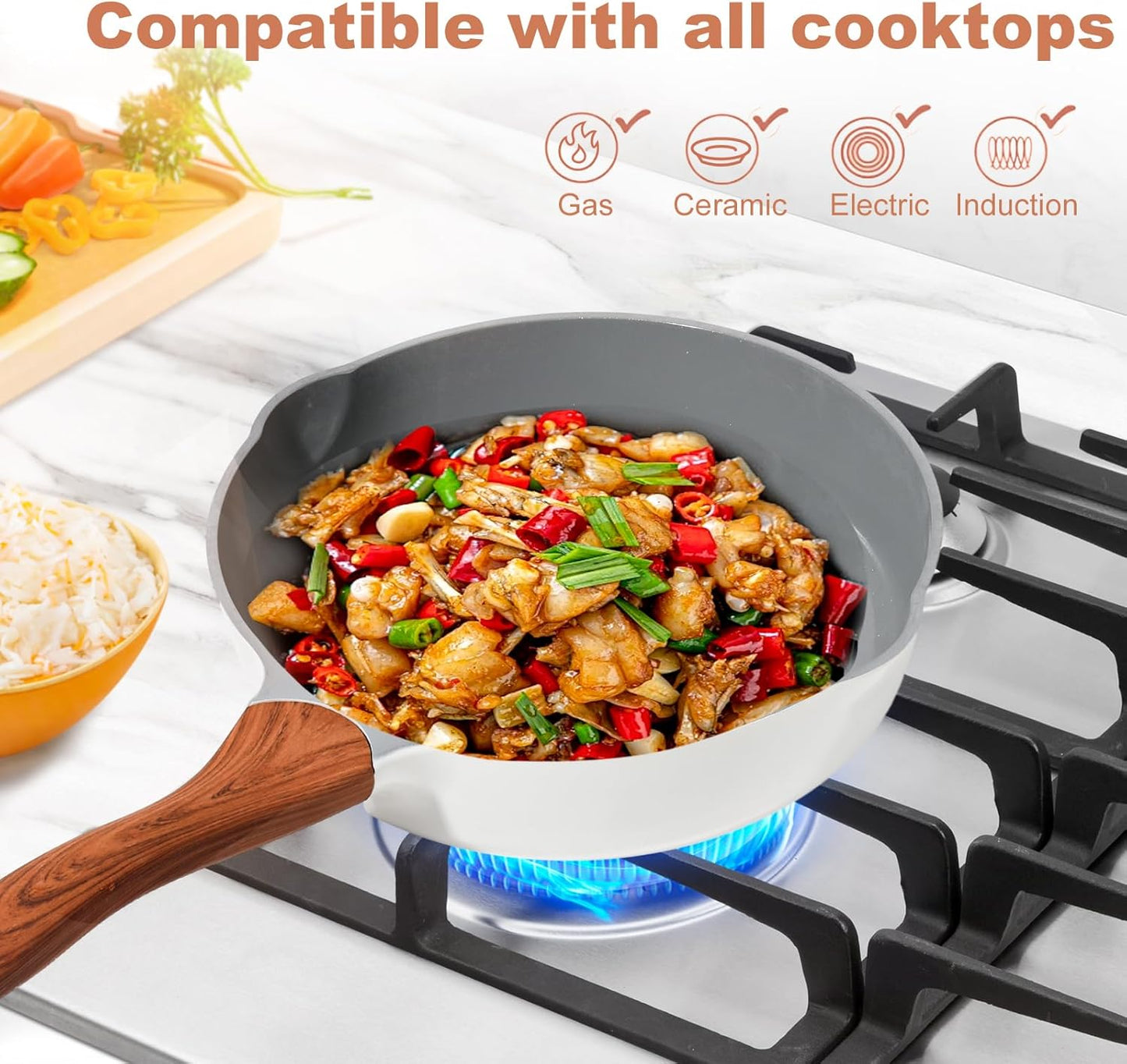 Skiennix Nonstick Frying Pan - 11-Inch Ceramic Skillet with Lid & Pour Spout | PFOA-Free, White
