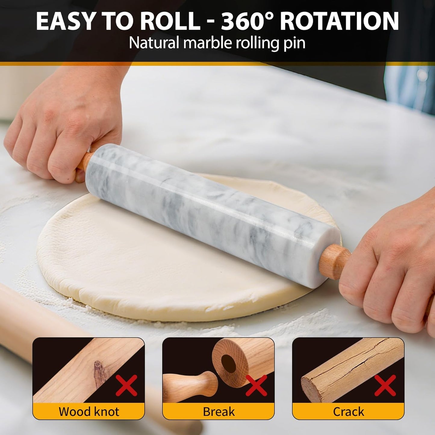 Skiennix Marble Rolling Pin - 16.7 Inches with Wooden Handles & Cradle | Perfect for Pizza Dough, Pasta, Cookies, and More!