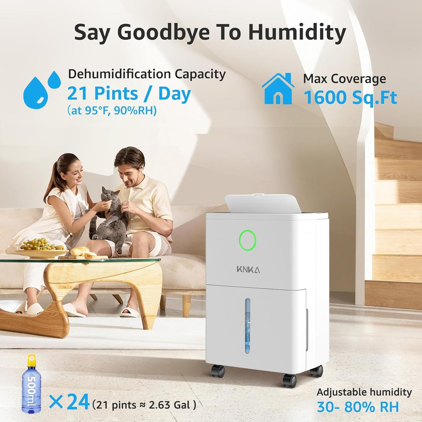 KNKA 21 Pint Dehumidifier - Efficient Humidity Control for 1600 Sq.Ft. Spaces | Washable Filter & Drain Hose