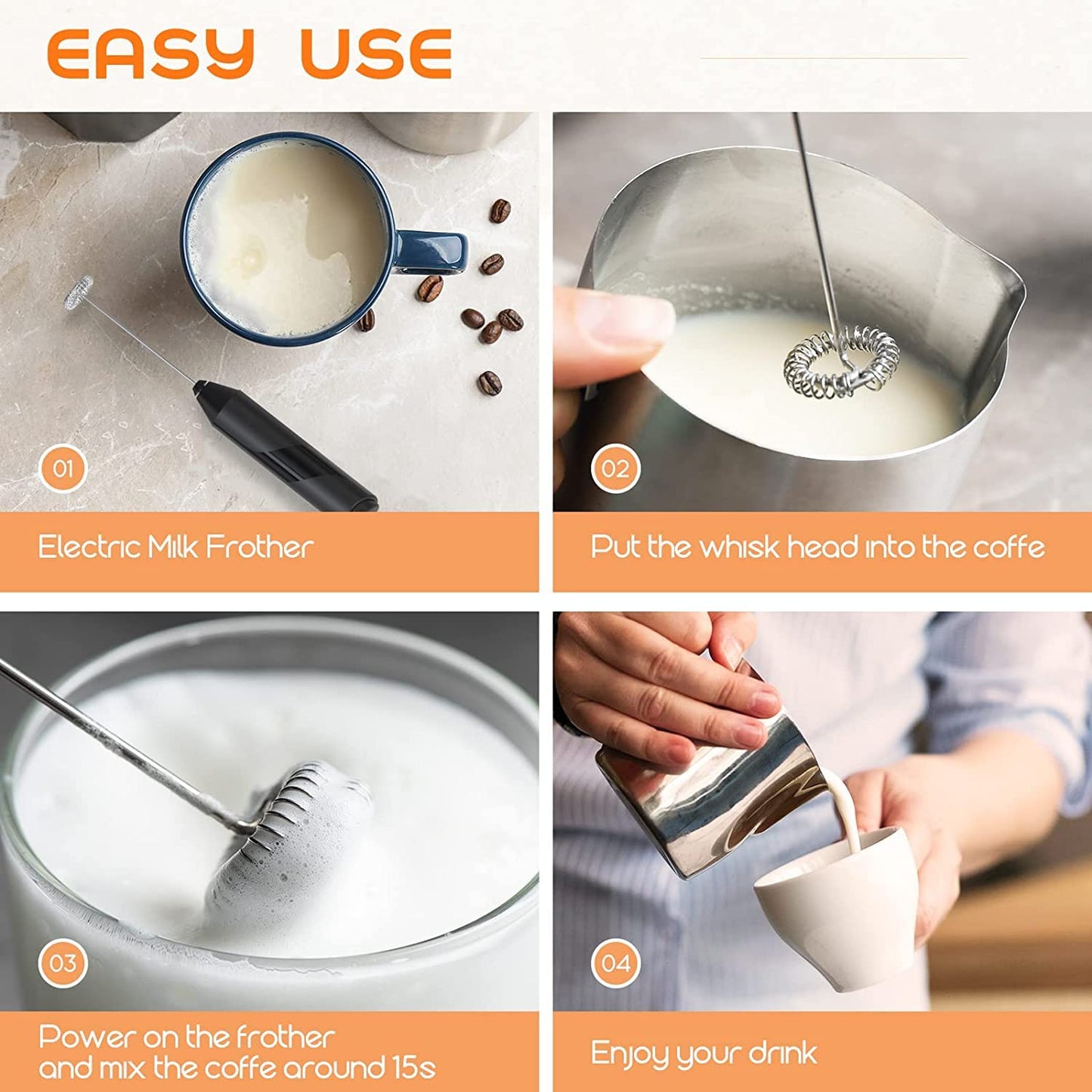 Milk Frother for Coffee, Handheld Battery Operated Electric Milk Frother for Coffee, Latte, Hot Chocolate, Macha, Portable Mini Drink Mixer Blender with Stainless Steel