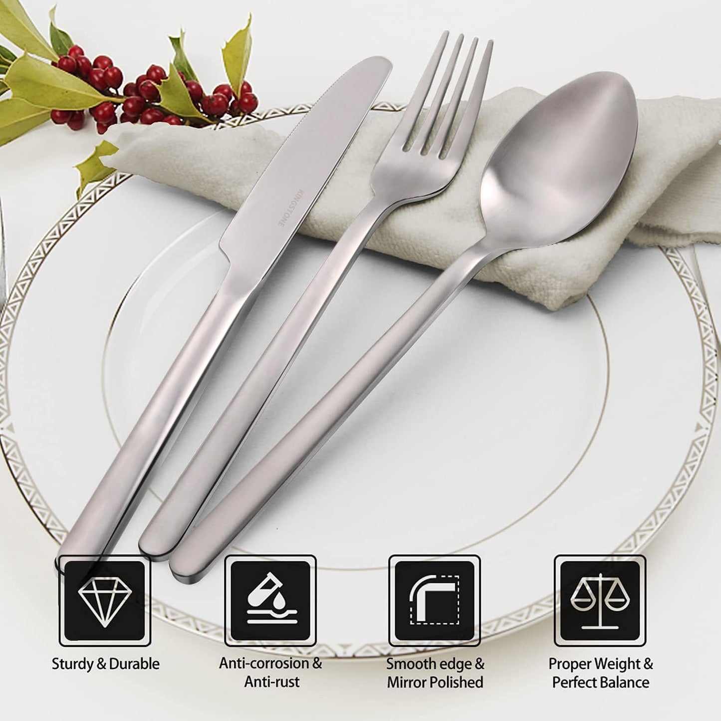 KINGSTONE Silverware Set, 20 Piece Flatware Cutlery Set for 4, 18/10 Stainless Steel Silverware Mirror Polished Dishwasher Safe for Home, Restaurant, Wedding, Party, Matte Silver