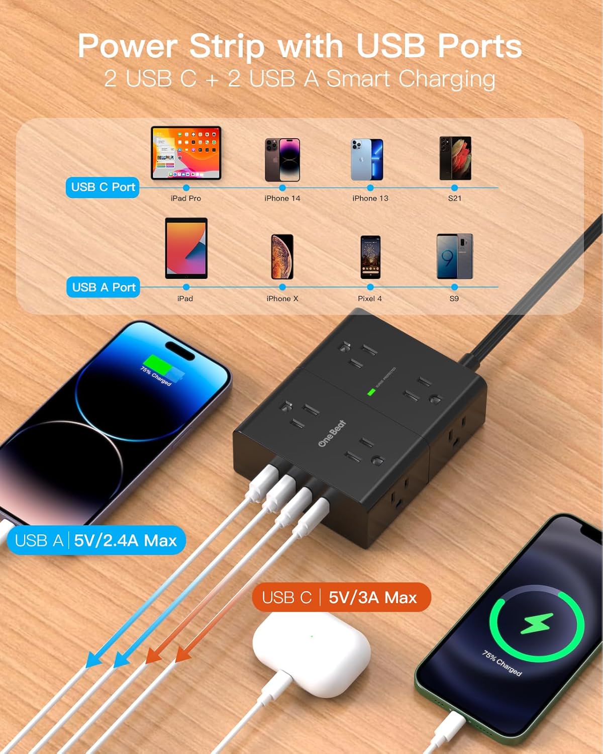 Skiennix 10Ft Extension Cord - 8 Outlet Power Strip with 4 USB Ports for Office & Dorm Essentials