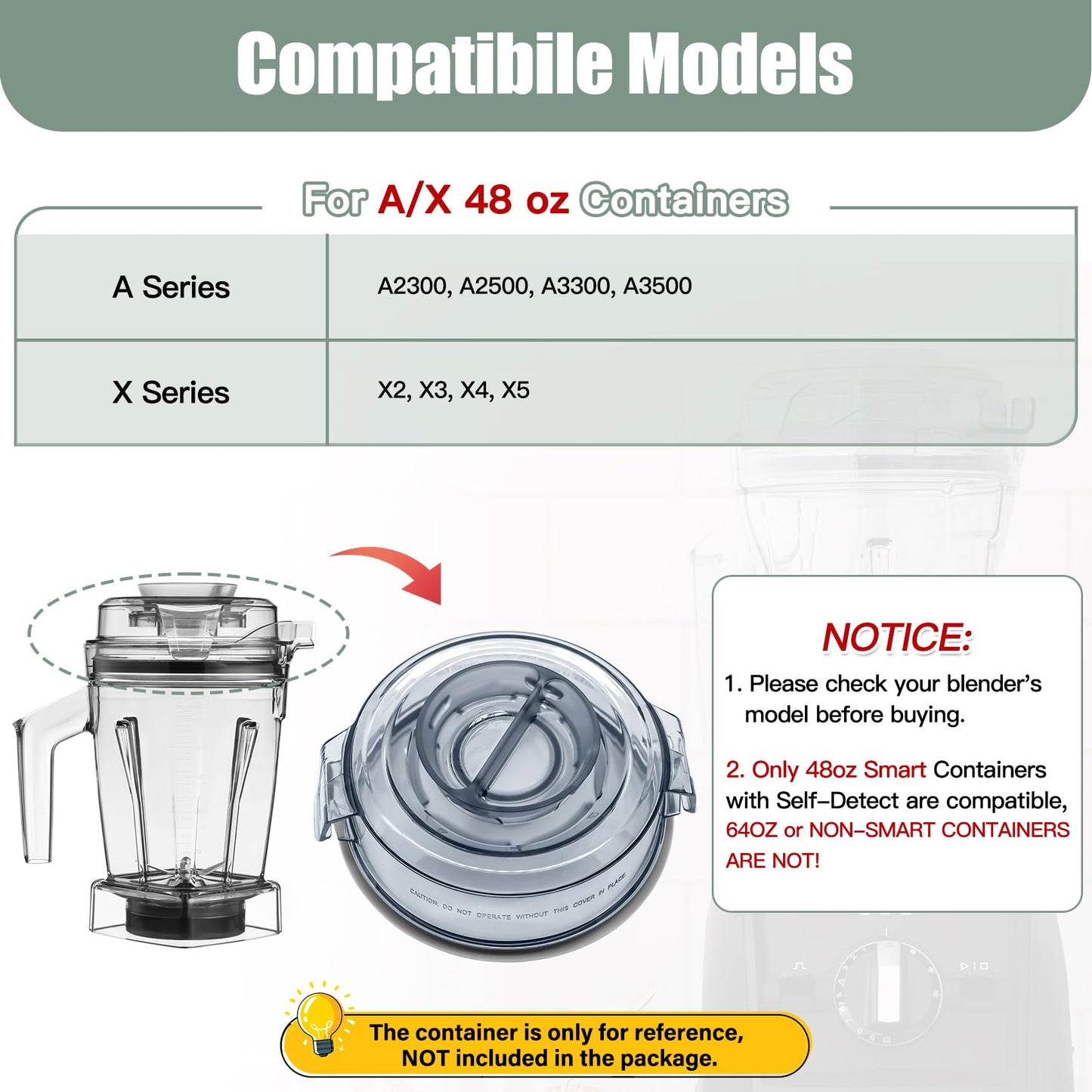 WSEYU Replacement Lid Compatible with 48 oz Container A3500 A2500 A3300 A2300, Top Cover Replacement for X Blender X2 X4 X3 X5 Pitcher 48oz with Self-Detect, BPA Free