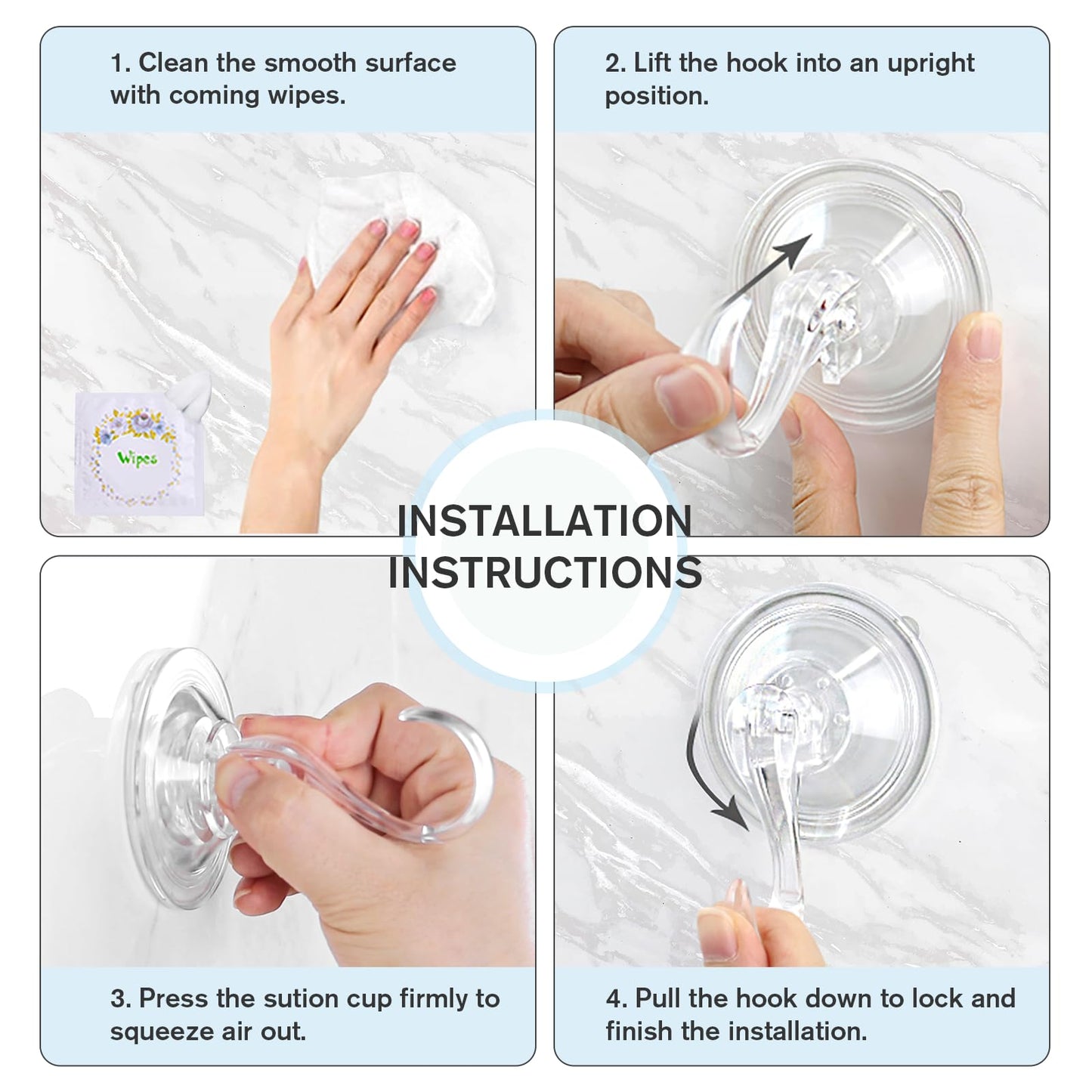 VIS'V Large Suction Cup Hooks with Wipes, Heavy Duty, Removable and Reusable, Clear, 5 Pcs