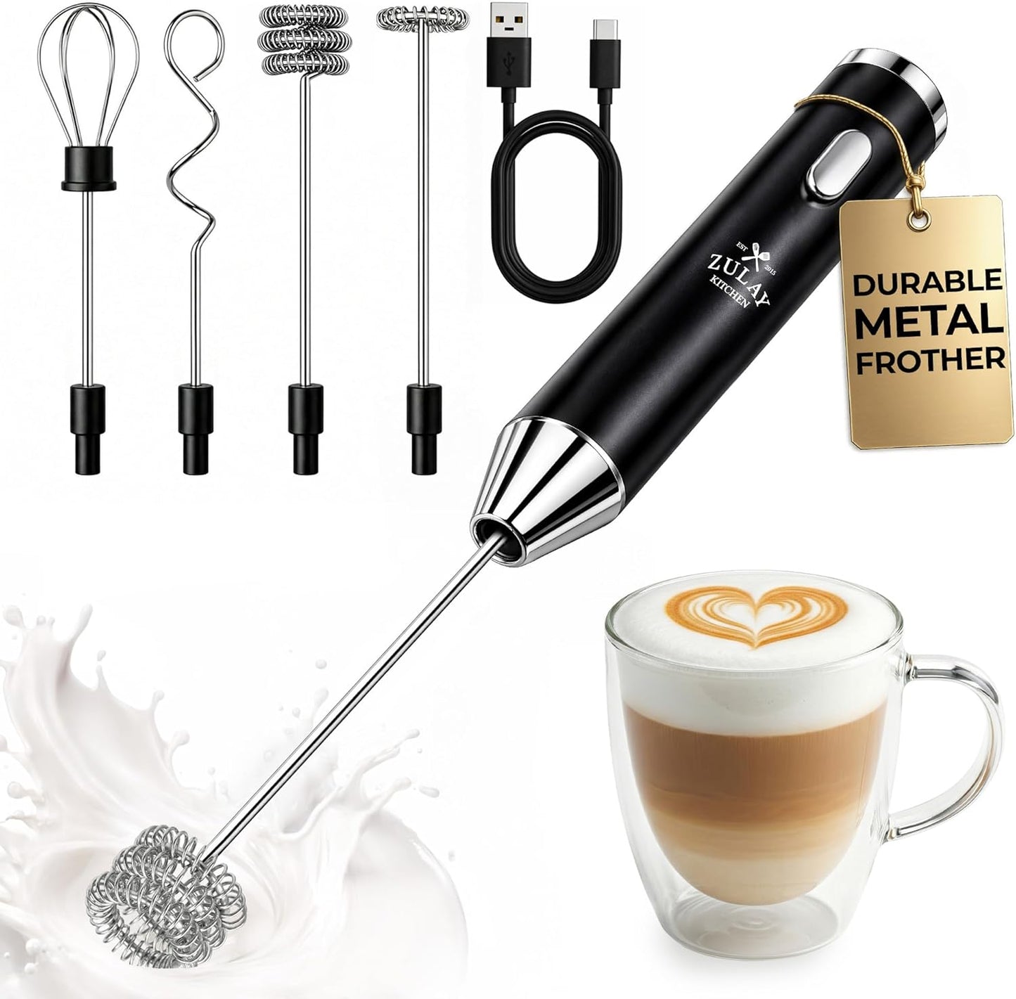 Zulay Kitchen Rechargeable Milk Frother - Handheld Electric Mixer with 3 Whisk Attachments | USB-C Charging, Lasts Up to 6 Months