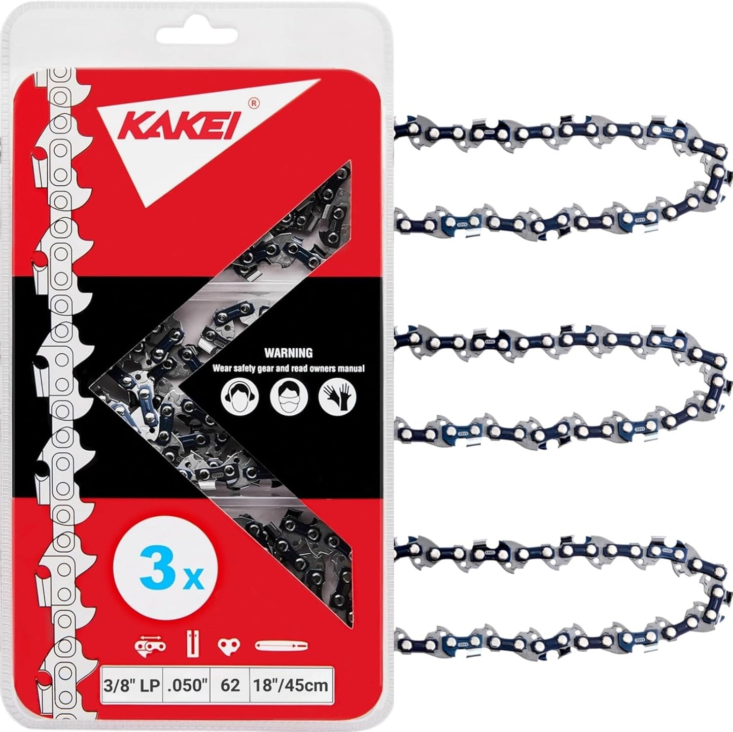 KAKEI 18-Inch Chainsaw Chain - 3/8" LP Pitch, .050" Gauge, 62 Drive Links - Fits Poulan, Kobalt, Echo & More | Semi Chisel (3 Chains)