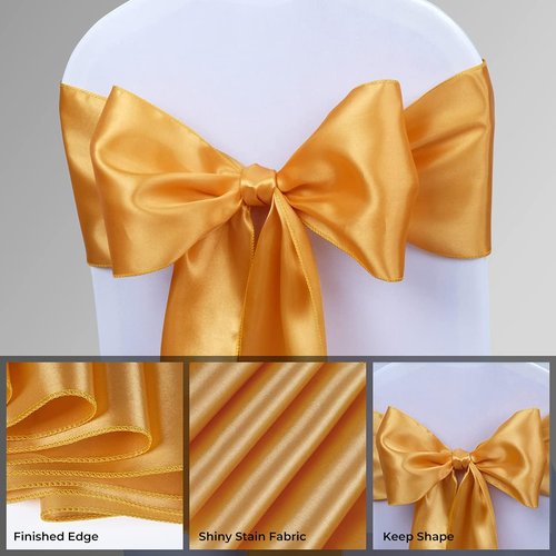 Babenest Satin Chair Sashes - 50 Pcs Upgraded Chair Ribbons & Bows for Weddings & Events | Gold