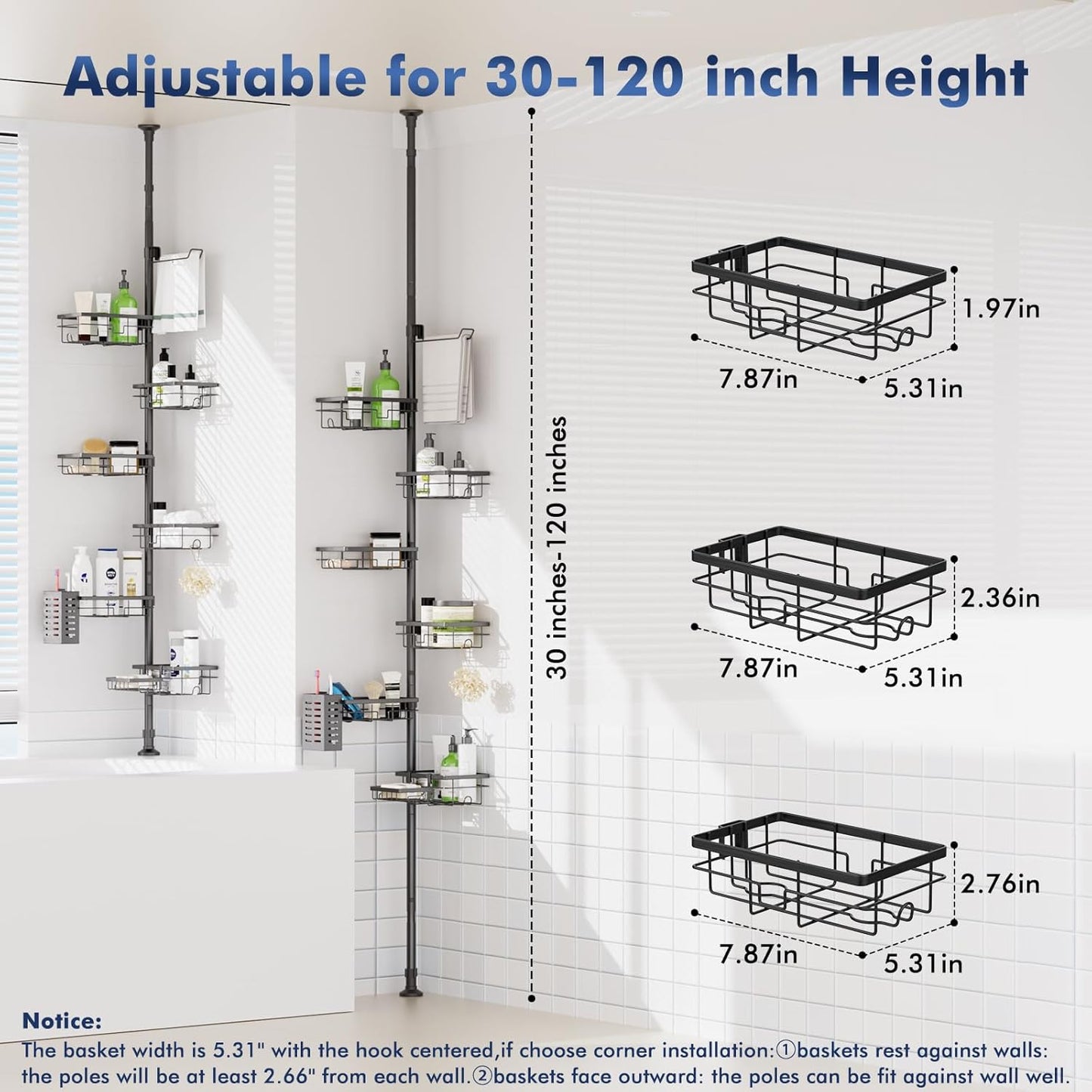 Shower Caddy Organizer - Rustproof Tension Pole with Adjustable 30-120 Inch Rack & Extra Towel Bar | Black