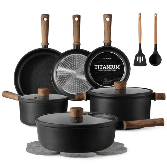 CAROTE Nonstick Pots and Pans, Induction Titanium Cookware Set 16pcs Kitchen Cooking Sets, Pot and Pan Non Stick w/Frying pan (PFOS, PFOA Free)