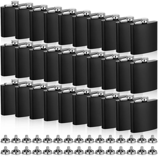 Hoolerry 30 Pack Hip Flasks for Liquor,Stainless Steel Whiskey Flask Set with Funnels Pocket Bulk for Groomsmen Gifts, Bridesmaids, Bachelor Party, Wedding Favor Supplies(6 oz,Black)