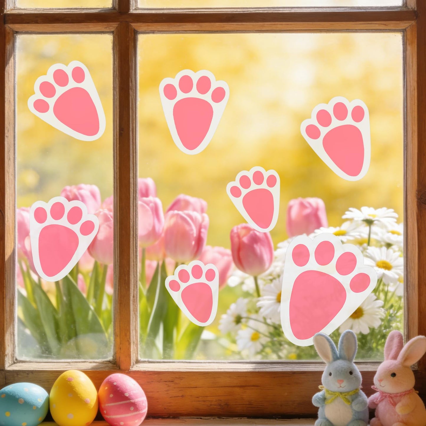 Oeyliz Easter Bunny Footprint Stickers Removable Easter Bunny Paw Stickers Prints 36 PCS Rabbit Footprints 6 Sheets Rabbit Paw Print Floor Decal Clings for Easter Party Home Window Decorations