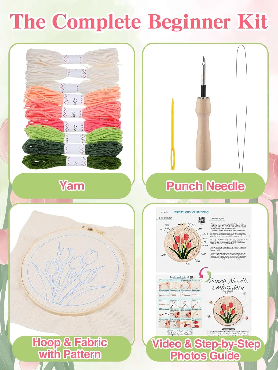 Tulip Punch Needle Kit for Beginners - Step-by-Step Guide & Video, Complete with Fabric, Hoop, Needle, and Yarns