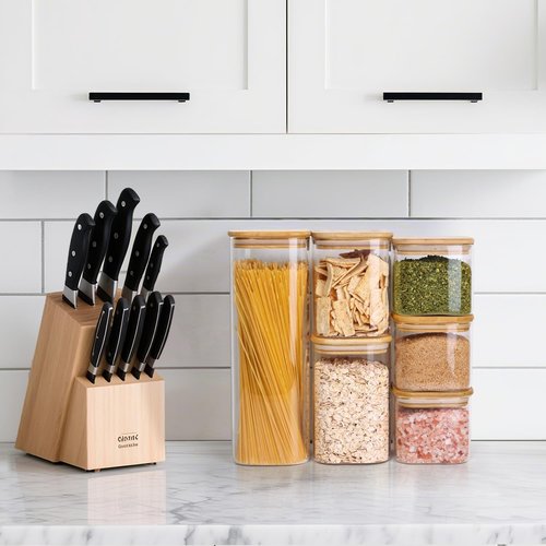 ComSaf Glass Spaghetti Storage Containers - Airtight 2.2 Qt Set of 3 | Tall Clear Jars for Pasta, Flour, and More