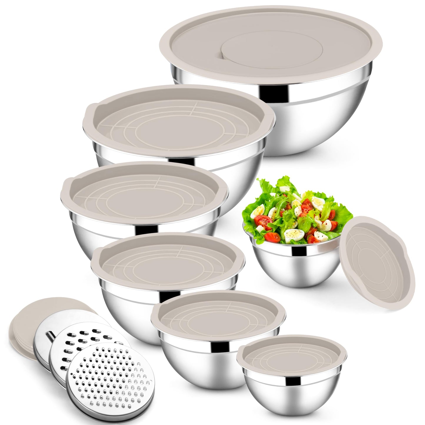 E-far Mixing Bowls with Lids Set, 7-Piece Stainless Steel Metal Mixing Bowls with Grater Attachments, Size 4.6, 3.5, 2.6, 2, 1.5, 1, 0.7QT, Nesting Design & Khaki Airtight Lids, For Cooking/Serving