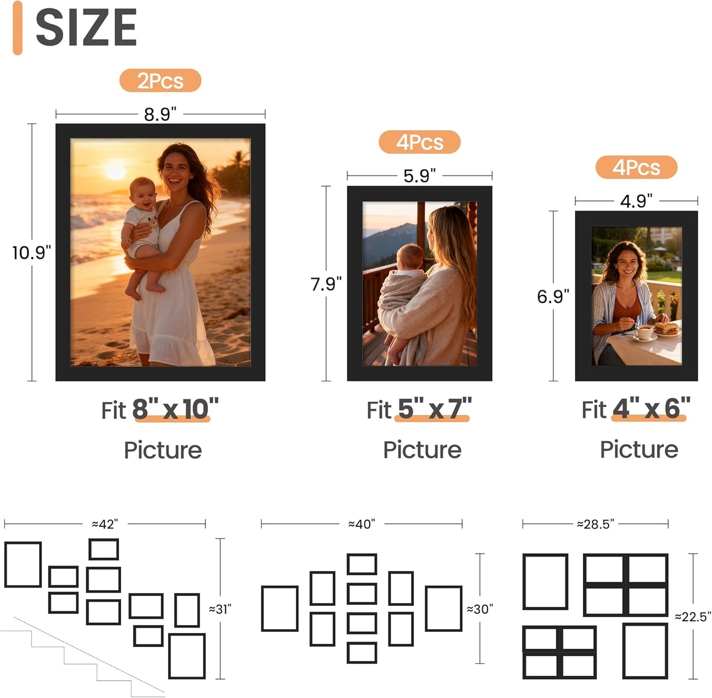 Upsimples 10 Pack Picture Frames - Collage Wall Decor for Tabletop Display | Multi-Sized Black Frames (8x10, 5x7, 4x6)