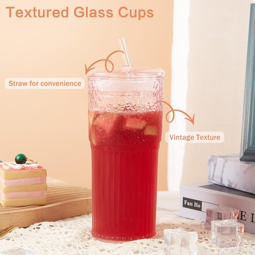 GOSCHE Glass Coffee Cups with Lids and Straws, 20oz Drinking Jar Glass Tumbler for Iced Coffee, Vintage Ripple Glassware Smoothie Cups, Pink, 2Pcs