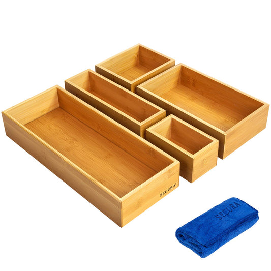 Secura Kitchen Drawer Utensil Organizer Box Set 𝟱 𝗣𝗮𝗰𝗸, Bamboo Utensil Holder Cutlery Makeup Silverware Jewelry Flatware Organization Tray for Kitchen, Bathroom, Office and Living Room