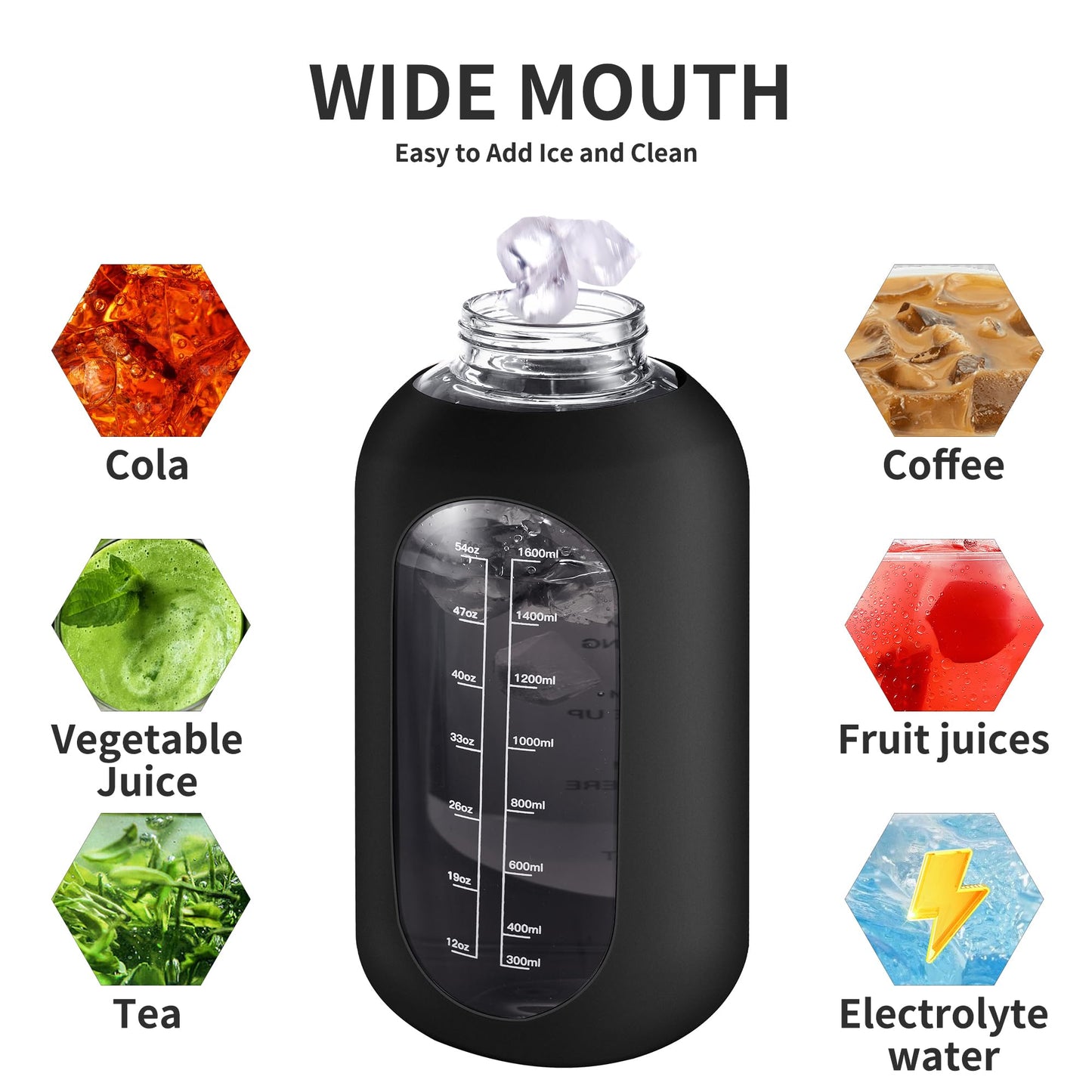 CIVAGO 64 oz Glass Water Bottle Jug with Straw and Handle, Half Gallon Sports Motivational Water Bottle with Time Marker, Wide Mouth Water Flask Canteen with Silicone Sleeve for Gym,Camelia