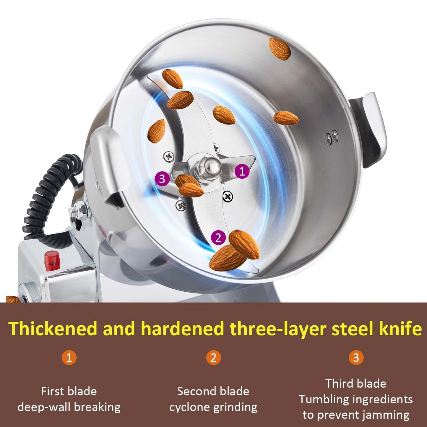 BI-DTOOL Electric Grain Mill Grinder 2000W Dry Material Grinding Machine 800g Stainless Steel Pulverizer 36000r/min High-speed Grain Mill 270° swingable Superfine powder for Home and Commercial 800g
