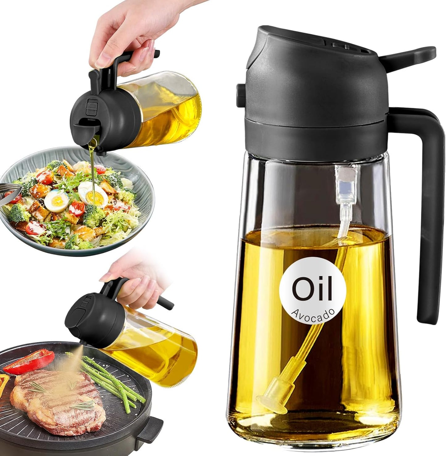 YARRAMATE Glass Olive Oil Sprayer - 16oz Food Grade Spray Bottle with Portion Control | Black