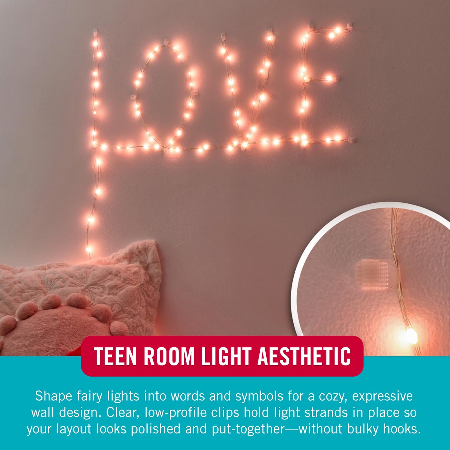Velcro Brand Indoor Light Clips for Hanging Fairy Lights and Twinkle Lights, Adhesive Transparent Wall Clips that Blend into Your Décor, Damage‑Free and Removable, Small 48 Pack