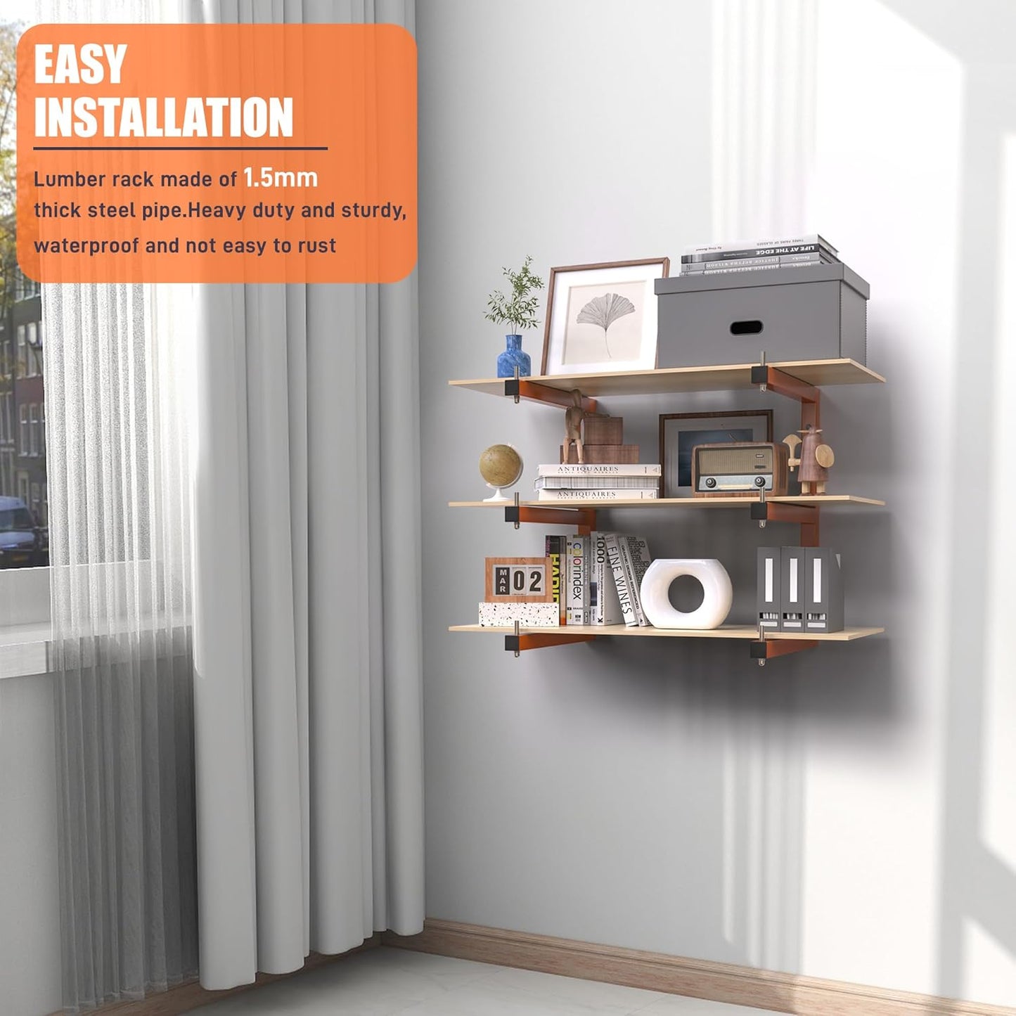 Lumber Rack Heavy-Duty Wall-Mounted Lumber Storage System | 1320 LB Capacity, 6-Level Organizer, Orange (4 Pack)