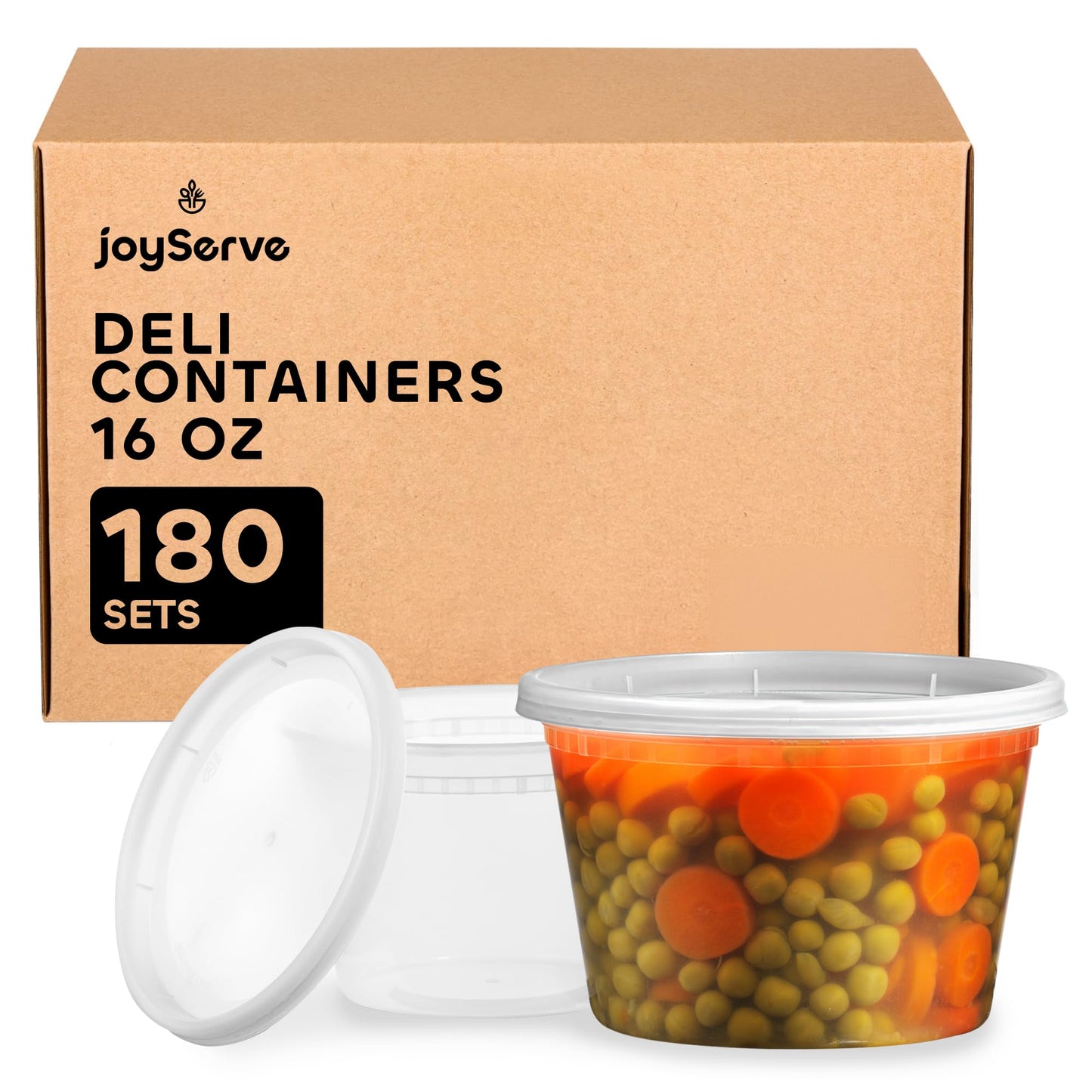 JoyServe 16 oz Deli Containers with Lids – 180 Sets (180 Containers + 180 Lids) – Leakproof, Stackable, Microwave & Freezer Safe – Bulk Food Storage for Restaurant, Deli, Catering, Soup & Meal Prep