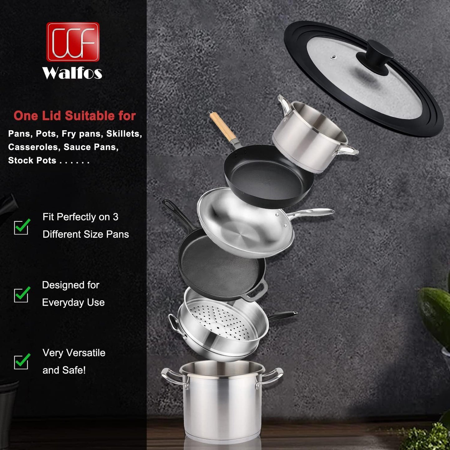 Universal Lid - Tempered Glass Cookware Lid with Heat-Resistant Silicone Rim | Fits 6.5", 7", 8" Pans