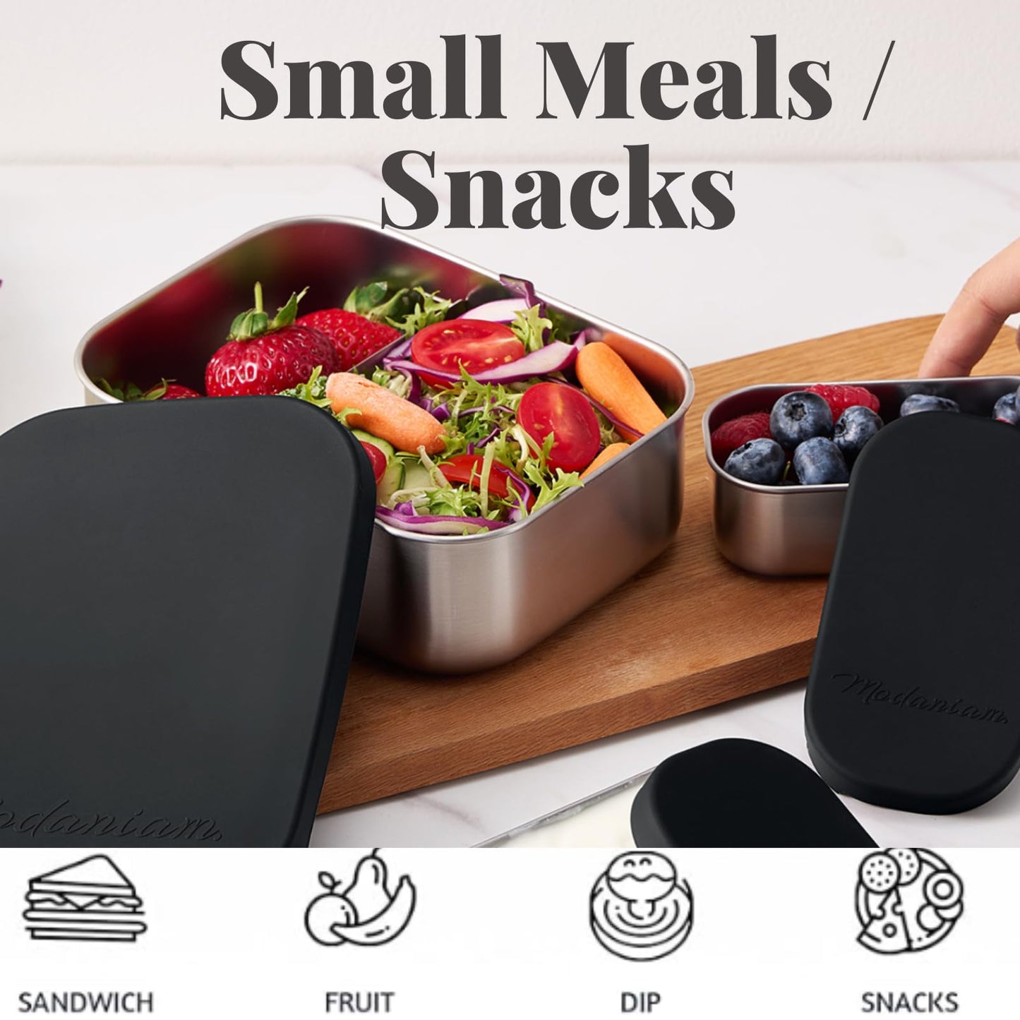 Modaniam 27 OZ Leak proof Stainless Steel Lunch Box containers, Stainless Steel Lunch Containers, Bento box, Metal Lunch Containers, Snacks container, Black, Small - 27 Oz+ 2 * 6.5Oz
