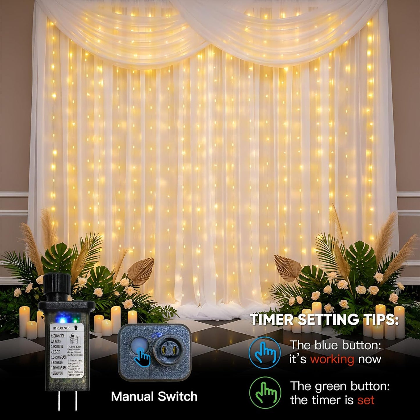 Suddus Tangle-Free Curtain Lights - 400 LED Waterproof Hanging Lights for Christmas & Events | Warm White
