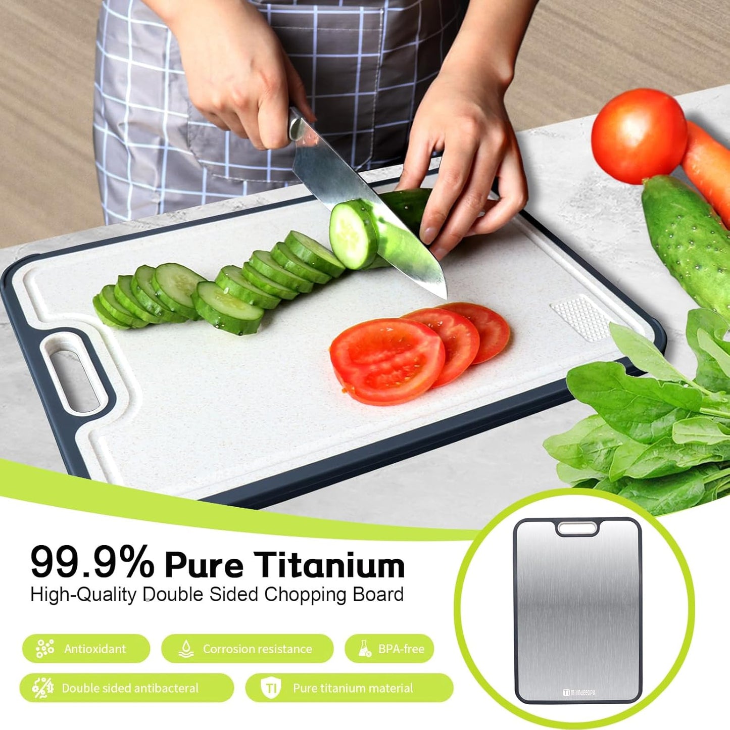 Titanium Cutting Board - Food Grade Metal Chopping Board | Non-Toxic Double-Sided 15.2”x10.5” Size