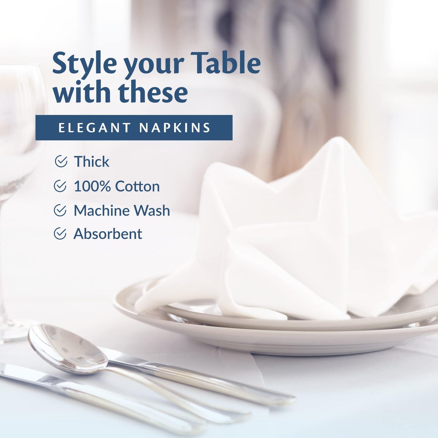 Elegant Restaurant Quality 100% Cotton Dinner Table Cloth Napkins with Clean- Lined Hemmed Edges, Bulk Set, Square 20" x 20'' for Weddings, Hotels, Restaurants, and Classy Home Dinners (60)