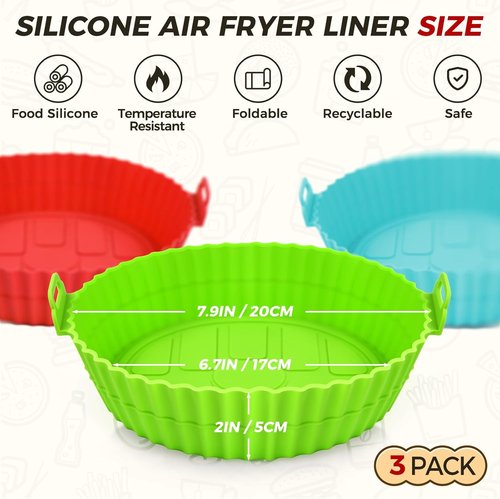 Buauty 3-Pack Air Fryer Silicone Liners - Reusable Food-Grade 8-Inch Baking Accessories