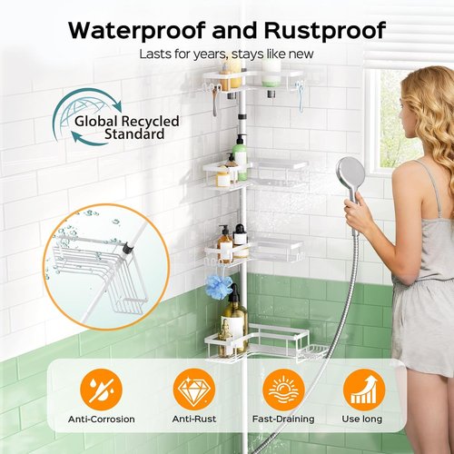 HAMITOR Corner Shower Caddy - 4-Tier Rustproof Bathroom Organizer with Soap Holder & Hooks | Adjustable Tension Pole 47-123 Inch