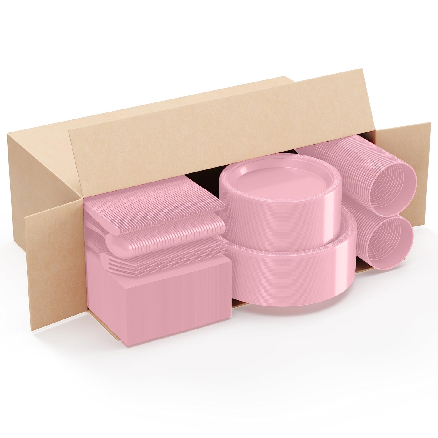 350 Pcs Pink Plastic Plates For Party, Pink Disposable Plates Set, 50 Of Each 9" Dinner Plate Set, 7" Dessert Plate, Cups, Napkins & Cutlery Plastic Dinnerware Set Exquisite