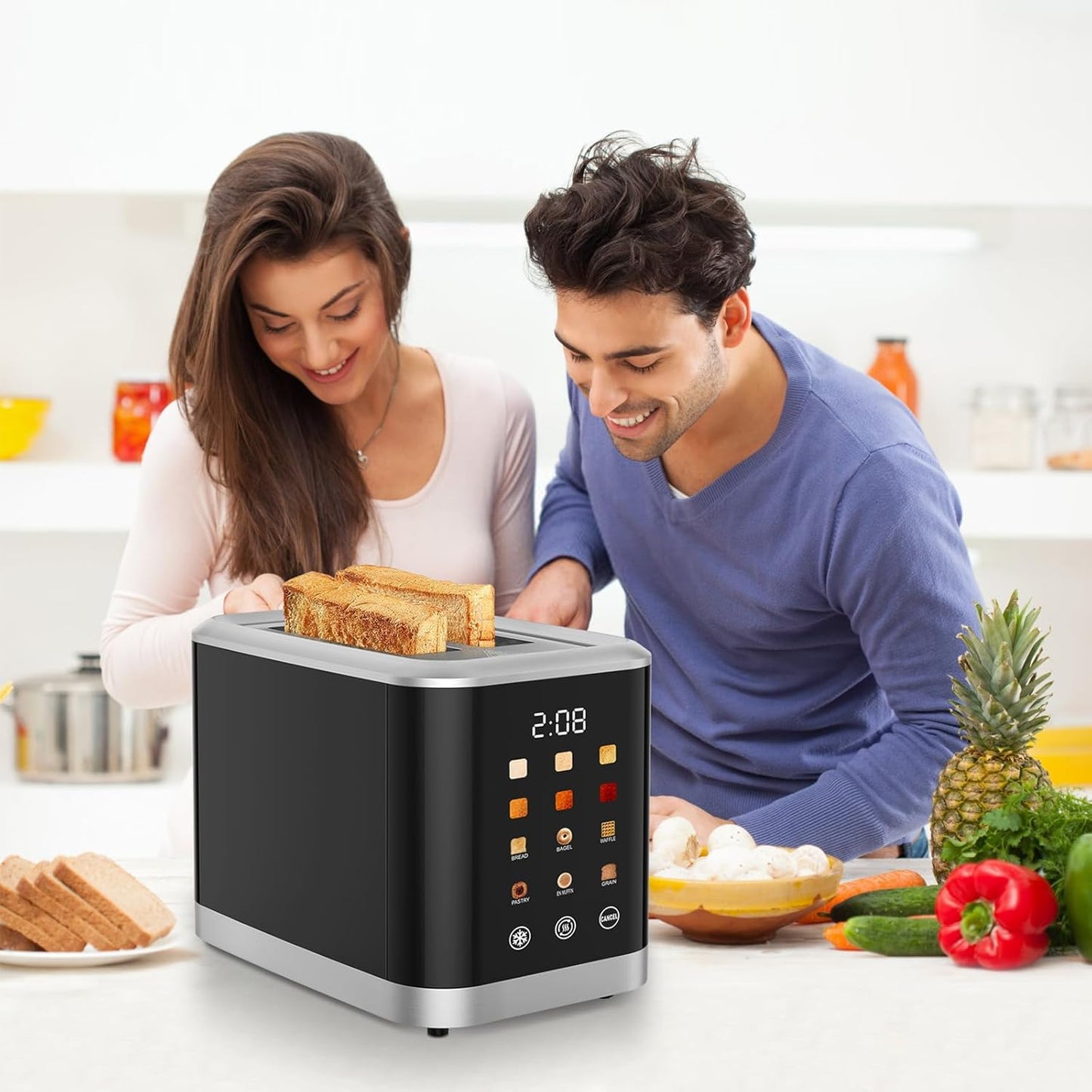 Skiennix 2-Slice Touch Screen Toaster - Digital Timer, 6 Bread Types & Shade Settings | Extra Wide Slots